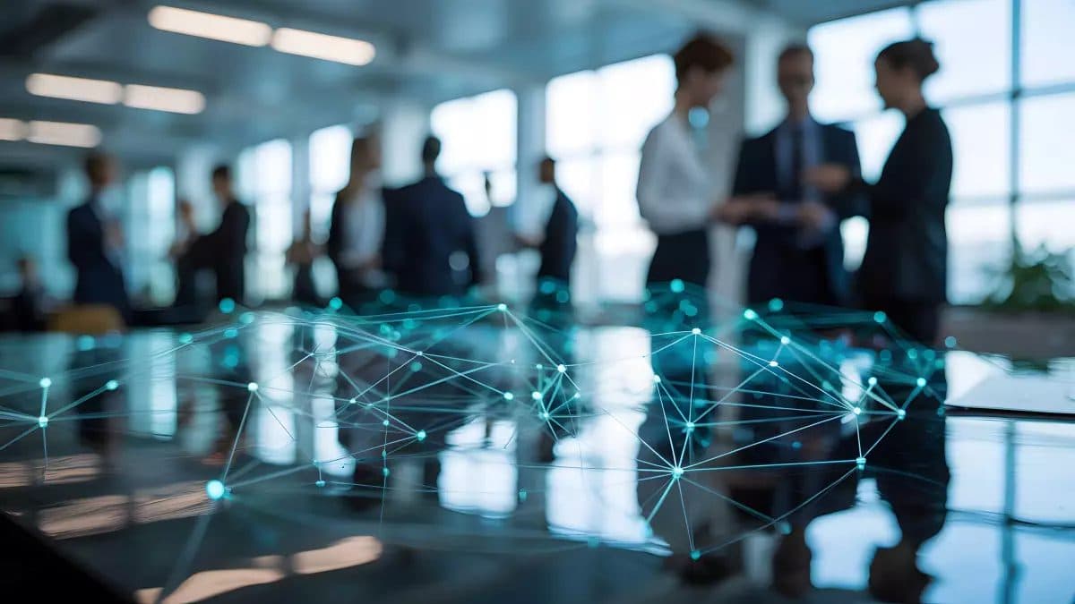 An operations team standing over a connected map of the systems their work passes between