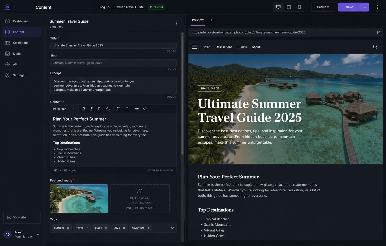 Headless CMS editing interface with live preview of a storefront page