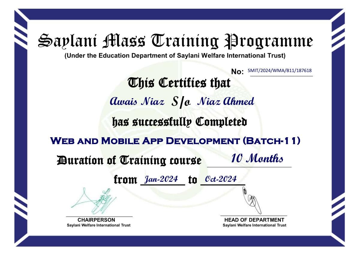 Web and Mobile App Development certificate issued by Saylani Mass Training Programme (SMIT)