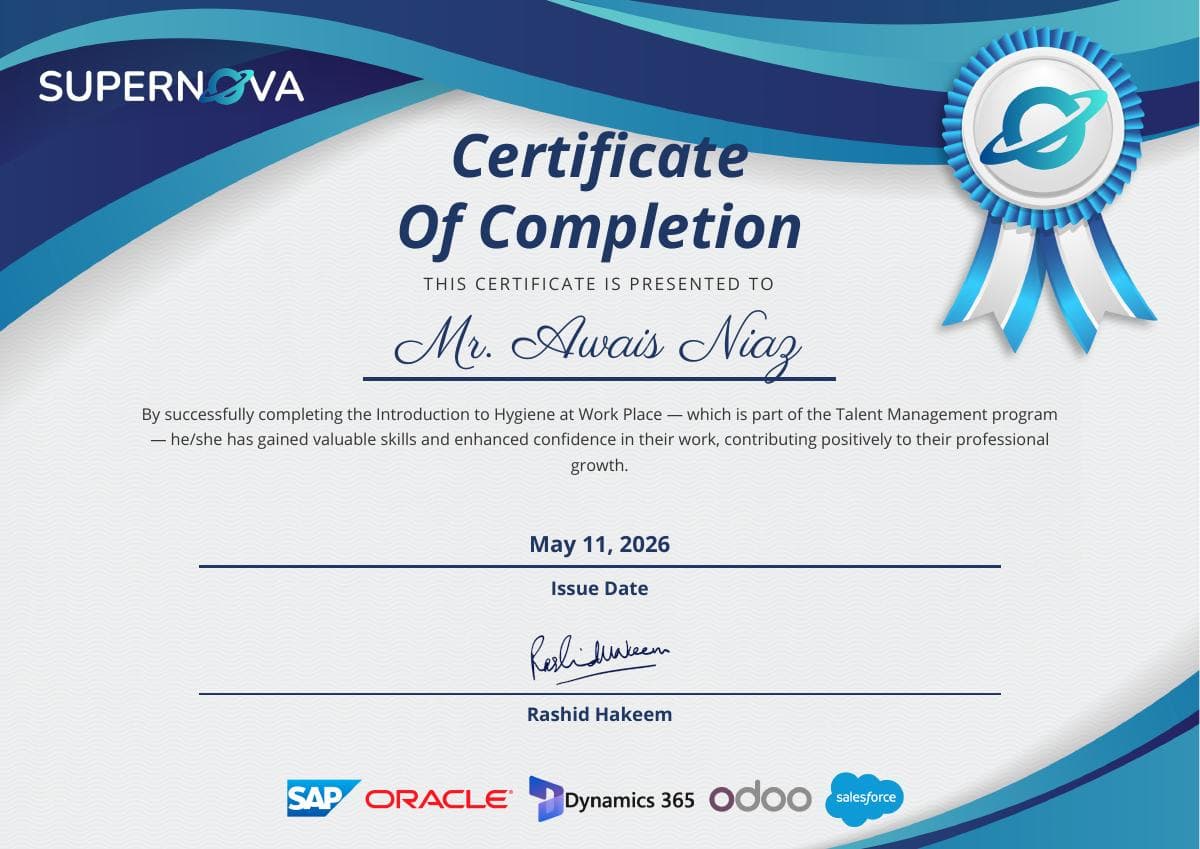 Introduction to Hygiene at Work Place certificate issued by SuperNova Solutions · Talent Management