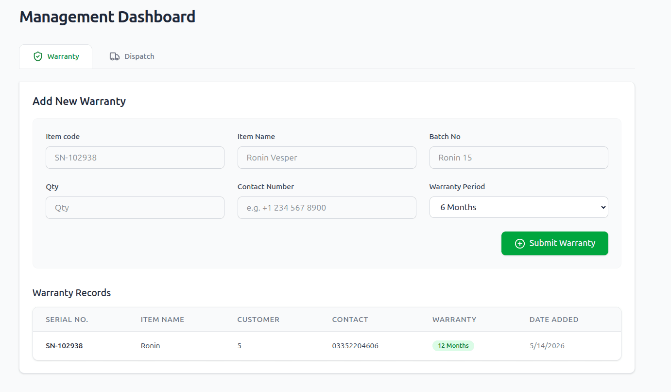 Ronin E-Warranty & Management Dashboard screenshot