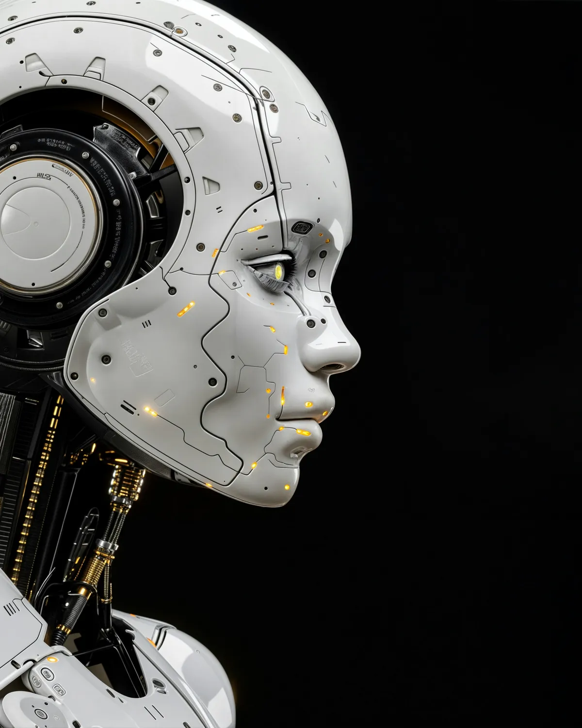 Profile of a white humanoid robot with glowing amber details against a black background