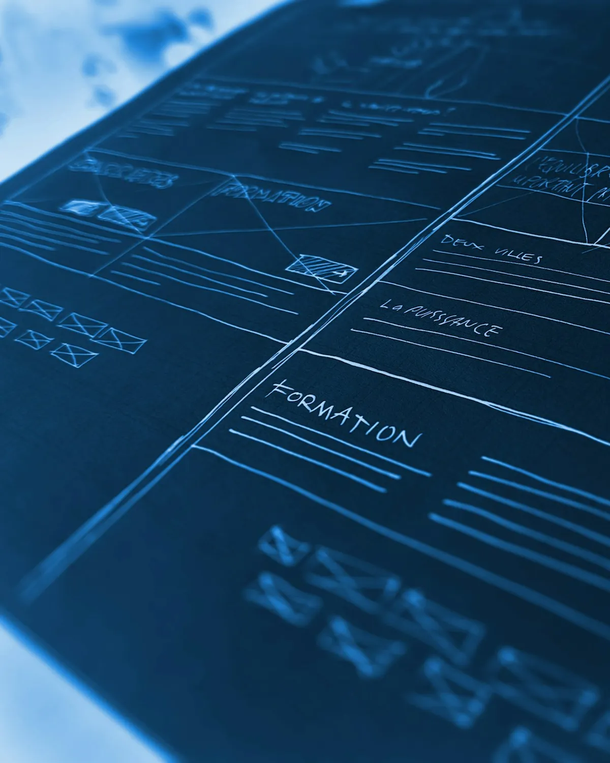 Hand-drawn website wireframe sketches in white lines on a dark blue sheet